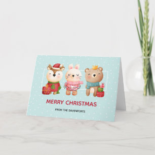 Cartão Amigos de Natal - Urso da Rena e Coelho de Férias