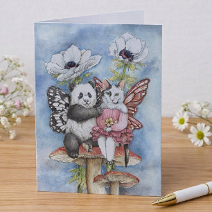 Cartão Amigos Fadas Panda e Gato com Flores de Anêmona