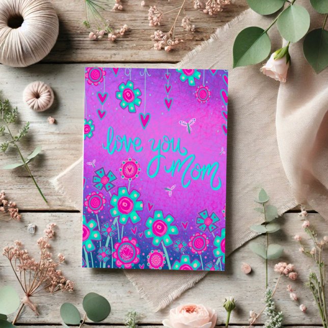 Cartão Amo-Te Mãe Inspirividade Coração Floral Roxo (Criador carregado)