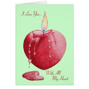 Cartão Amor vermelho vela em forma de coração com verso r