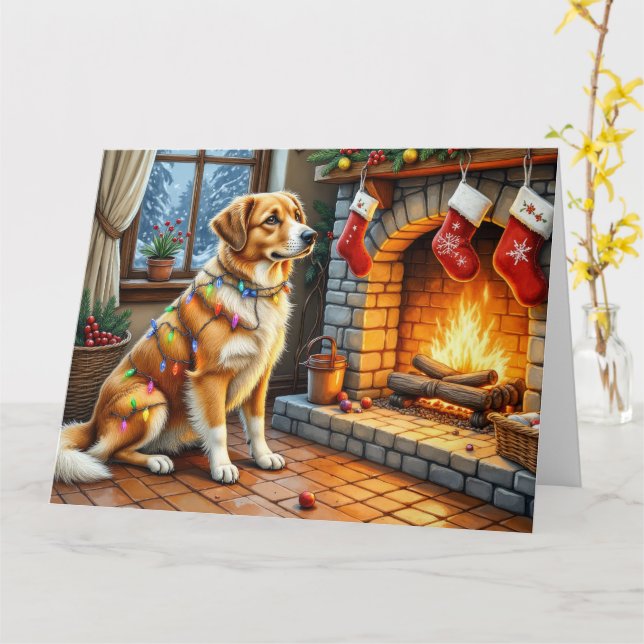 Cartão Anatolian Shepherd Fireplace with Christmas Lights (Flor Amarela)