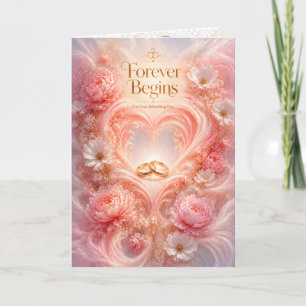 Cartão Anéis de Ouro Floral Blush do Dia do Casamento par