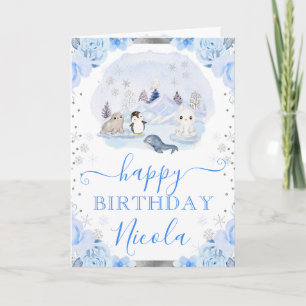 Cartão Animais Árticos Florais em Aquarela para Aniversár