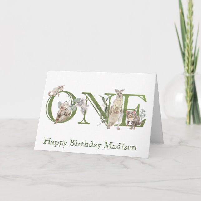 Cartão Animais Australianos 1º Primeiro Aniversário Um (Frente)