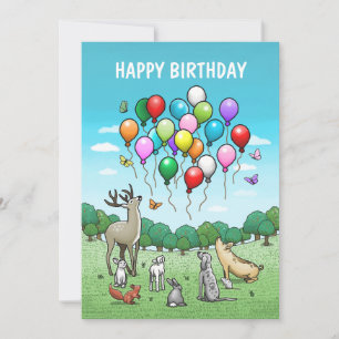 Cartão Animais com Balões Coloridos de Aniversário