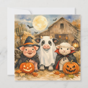 Cartão Animais de fazenda de aquarela de Halloween ao lad