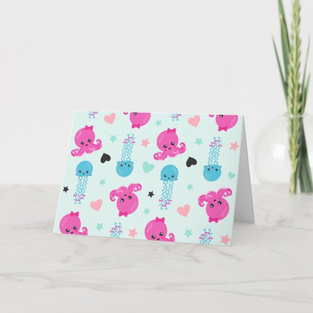 Cartão Animais do mar, Vida marinha, polvo, água-viva, co (Frente)