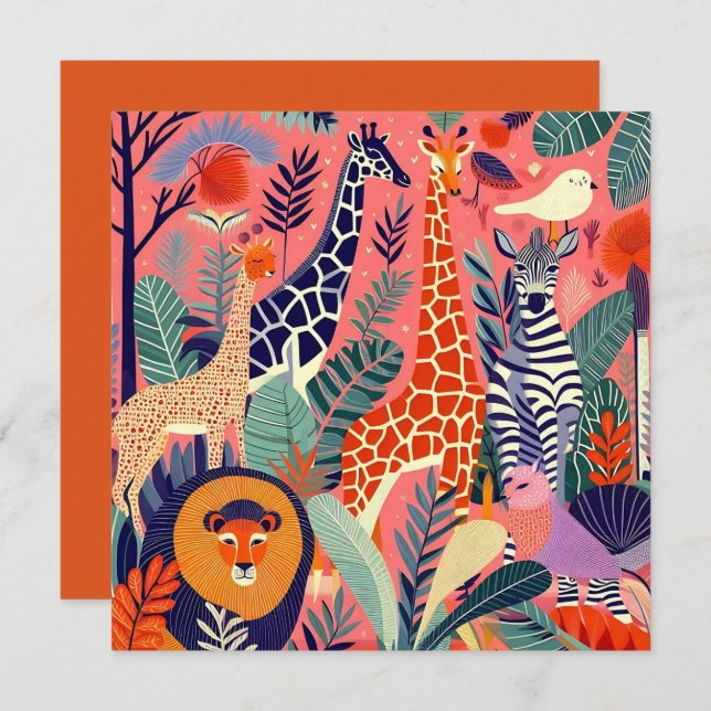 Cartão Animais exóticos e aves contemporâneos 1 rosa (Frente/Verso)