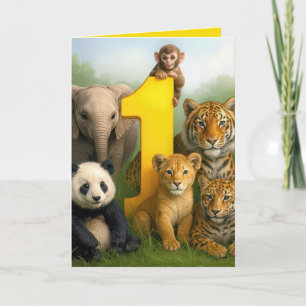 Cartão Animais Selvagens Bebês no 1º Aniversário