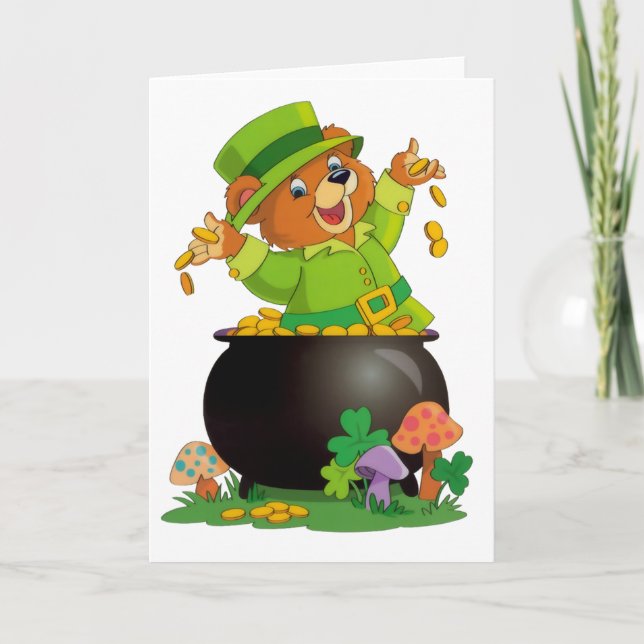 Cartão Animated St. Patrick's Day Bear with pot of gold (Frente)