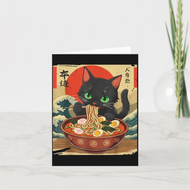 Cartão Anime Cat Eating Ramen Japanese Art Graphic Cat Cu (Frente)