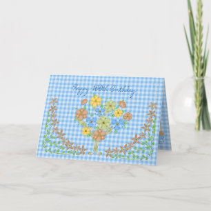 CARTÃO ANIVERSÁRIO - 100º - GINGHAM AZUL/FLORES