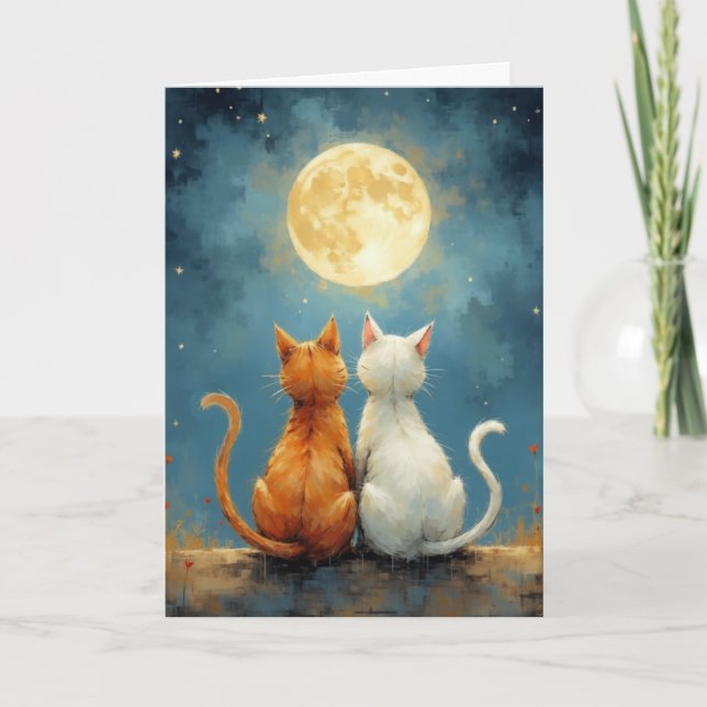 Cartão Aniversário Ama Gatos Sob Lua em Painterly (Frente)