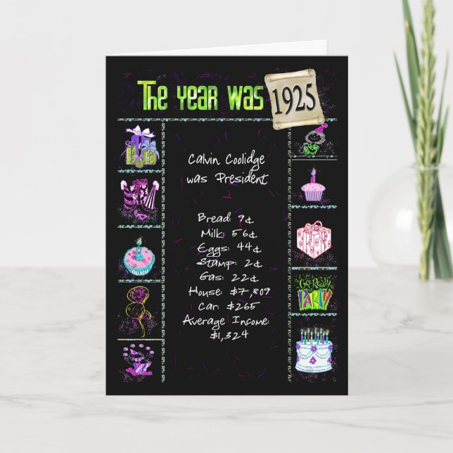 Cartão Aniversário Ano 1925 Fatos Divertidos Trivia (Frente)