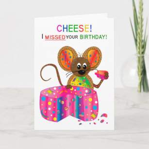 Cartão Aniversário Atrasado Adorável Mouse Comendo Queijo