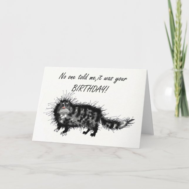 Cartão Aniversário atrasado, gato ranzinza. (Frente)