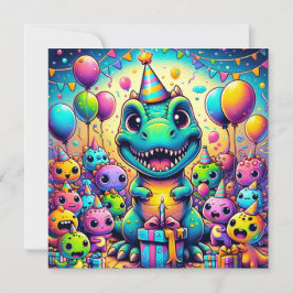 Cartão Aniversário Bash T-Rex e Amigos Celebração de Aniv