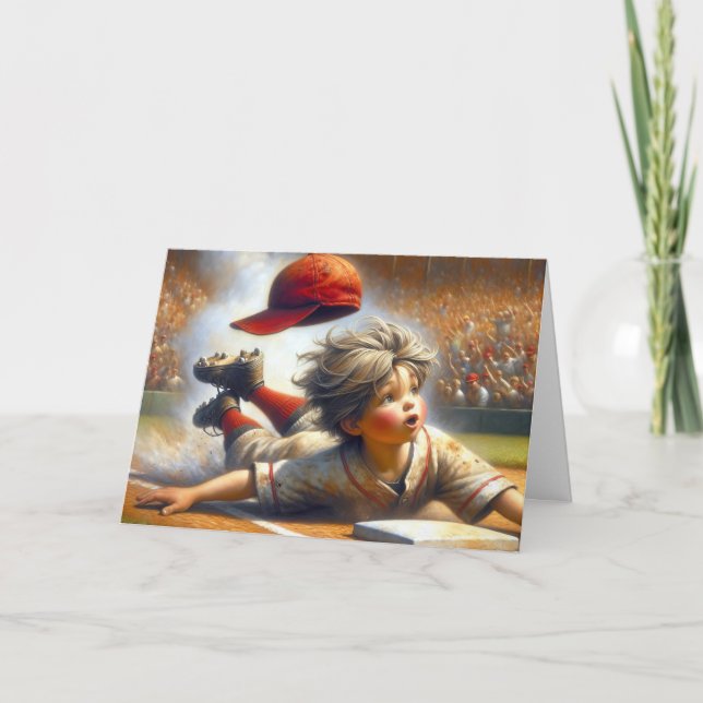 Cartão Aniversário, Beisebol Rapaz Descendo Em Casa (Frente)