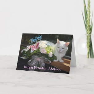 Cartão Aniversário bonito customizável do gato/flores
