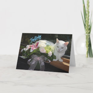 Cartão Aniversário Bonito Personalizável de Gato/Flores