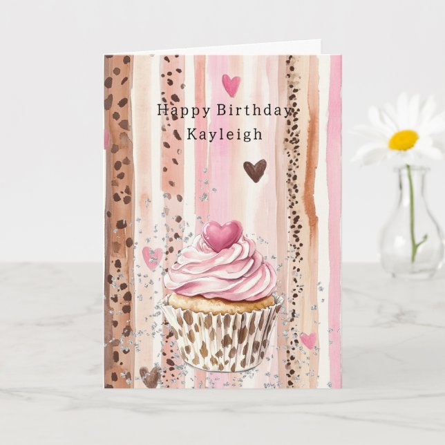 Cartão Aniversário Confete Cupcake Leopardo Coração Rosa (Planta pequena)