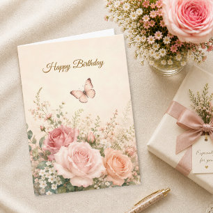 Cartão Aniversário Cristão Borboleta Blush Rosas Fé