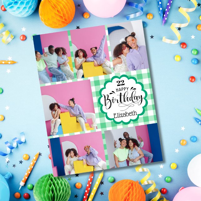 Cartão Aniversário da Colagem de Fotografias Verde 7 em Q (Criador carregado)