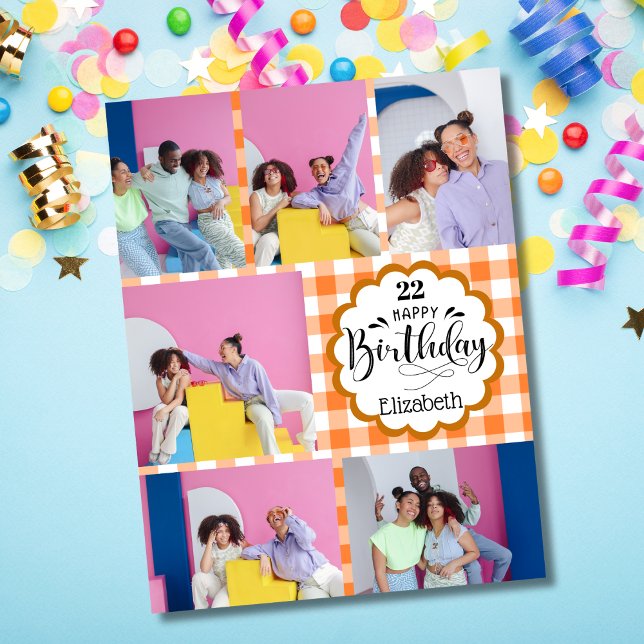 Cartão Aniversário da Colagem de Fotos Laranja 7 em Qualq (Criador carregado)