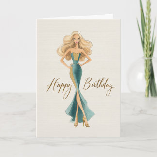 Cartão Aniversário da Fashionista Chic Teal Dourado