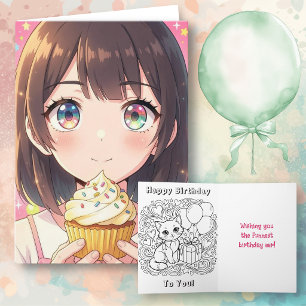 Cartão Aniversário da Garota Anime Rosa e Página para Col