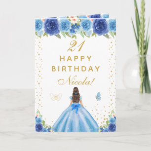 Cartão Aniversário da Garota de Cabelo Moreno Floral Azul