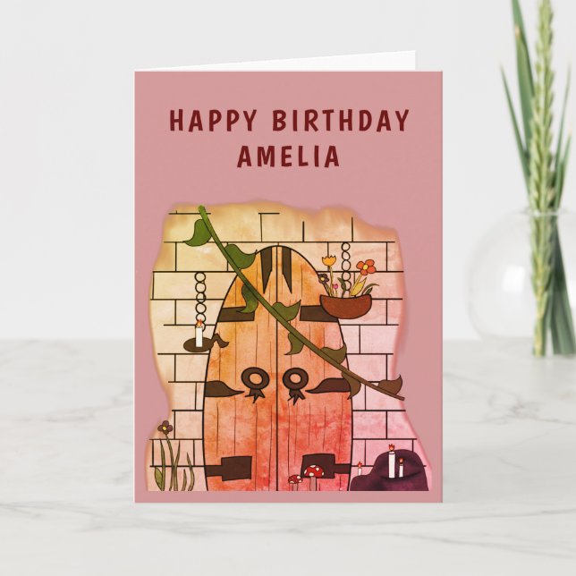 Cartão Aniversário da Garota Desenhadora de Fada da Porta (Frente)
