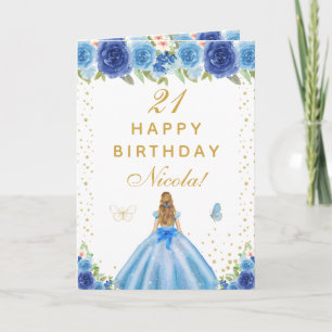 Cartão Aniversário da Menina de Cabelo Loiro Floral Azul