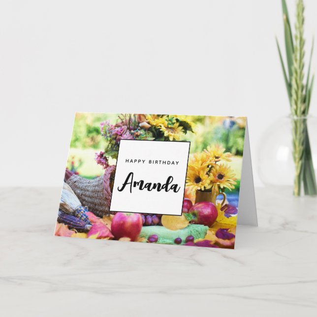 Cartão Aniversário da Mesa de colheita de outono de Ação  (Frente)