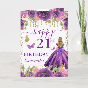Cartão Aniversário da Princesa Loura de Vestido Roxo