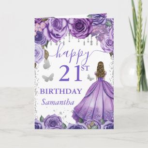 Cartão Aniversário da Princesa Loura de Vestido Roxo