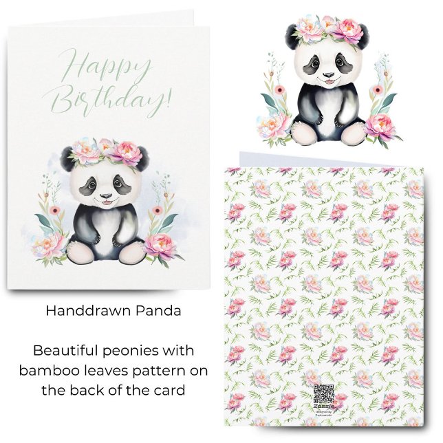 Cartão Aniversário da Selva do Bebê das Aquarelas (Watercolor Baby Panda Peonies Jungle Birthday Card With Peony And Bamboo Pattern Backing.)