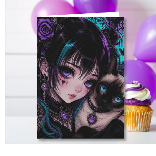 Cartão Aniversário da Sobrinha   Garota de Anime & Gato