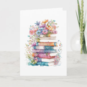 Cartão Aniversário das Flores de Aquarela e Livros