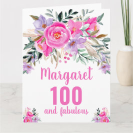 Cartão aniversário de 100 anos floral em aquarela rosa