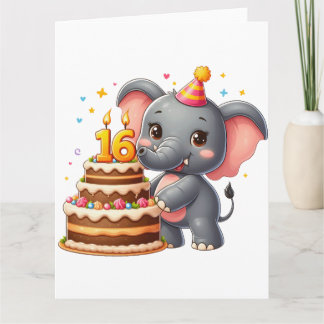 Cartão Aniversário de 16 anos de Elefante Fofo