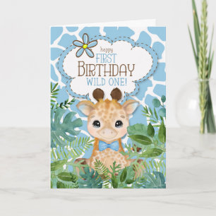 Cartão Aniversário de 1 ano com tema de girafa azul da se