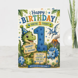 Cartão Aniversário de 1 ano Dino-Mite