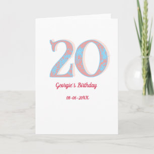 CARTÃO ANIVERSÁRIO DE 20 ANOS PEACH BLUE BOLD RETRÔ NOME