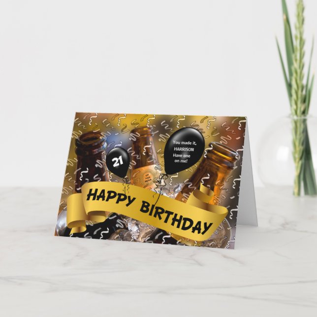 Cartão aniversário de 21 anos Balde de Cerveja com Nome (Frente)