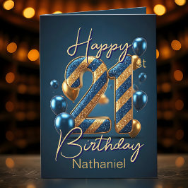 Cartão aniversário de 21 anos de Douradas e Azuis Stripes