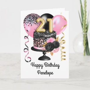 Cartão Aniversário de 21 anos em rosa e dourado preto