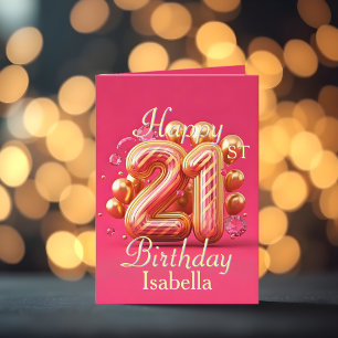 Cartão Aniversário de 21 anos rosa e Dourada com acentos