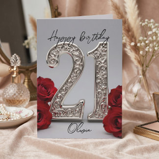 Cartão Aniversário de 21 anos Rosa Vermelha Elegante com