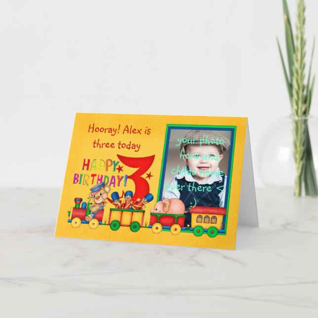 Cartão aniversário de 3 anos com o comboio de brinquedos  (Frente)